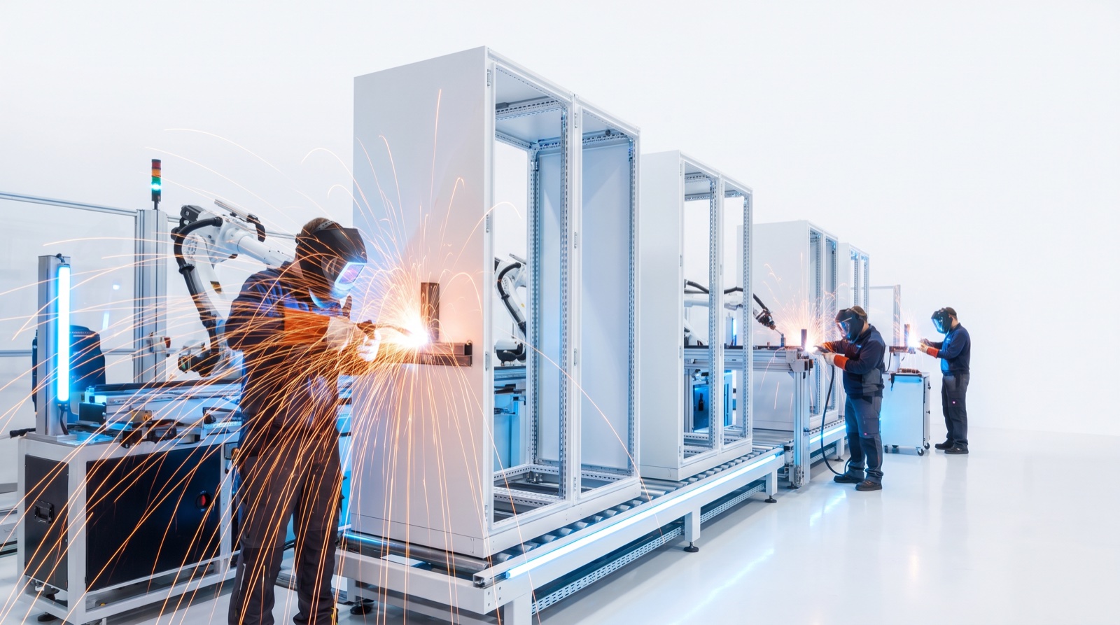 Copper sparks over an assembly line of modular units, AI infrastructure manufactured in Texas