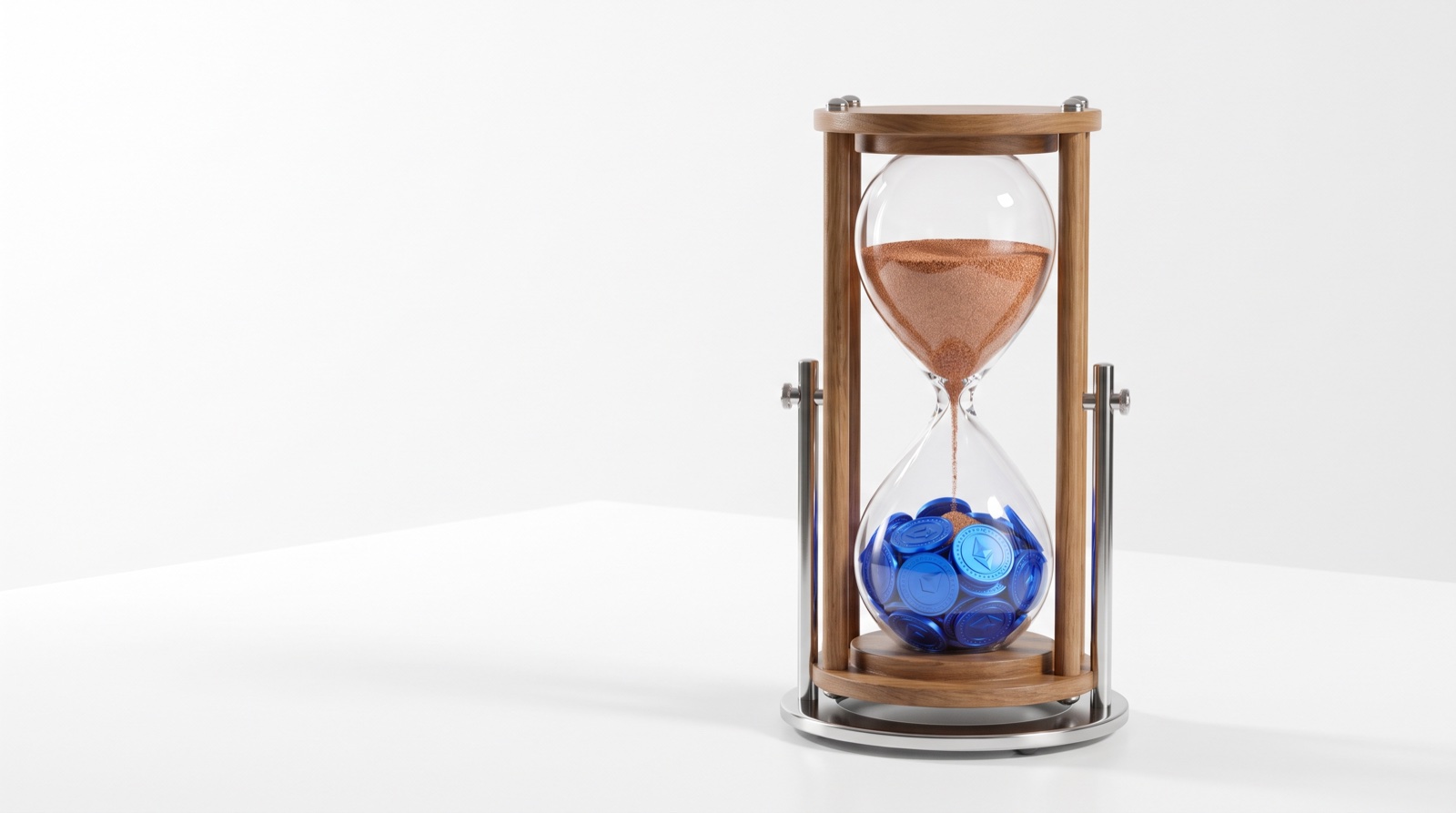 An hourglass turning copper months into blue tokens, the deployment timeline compressed