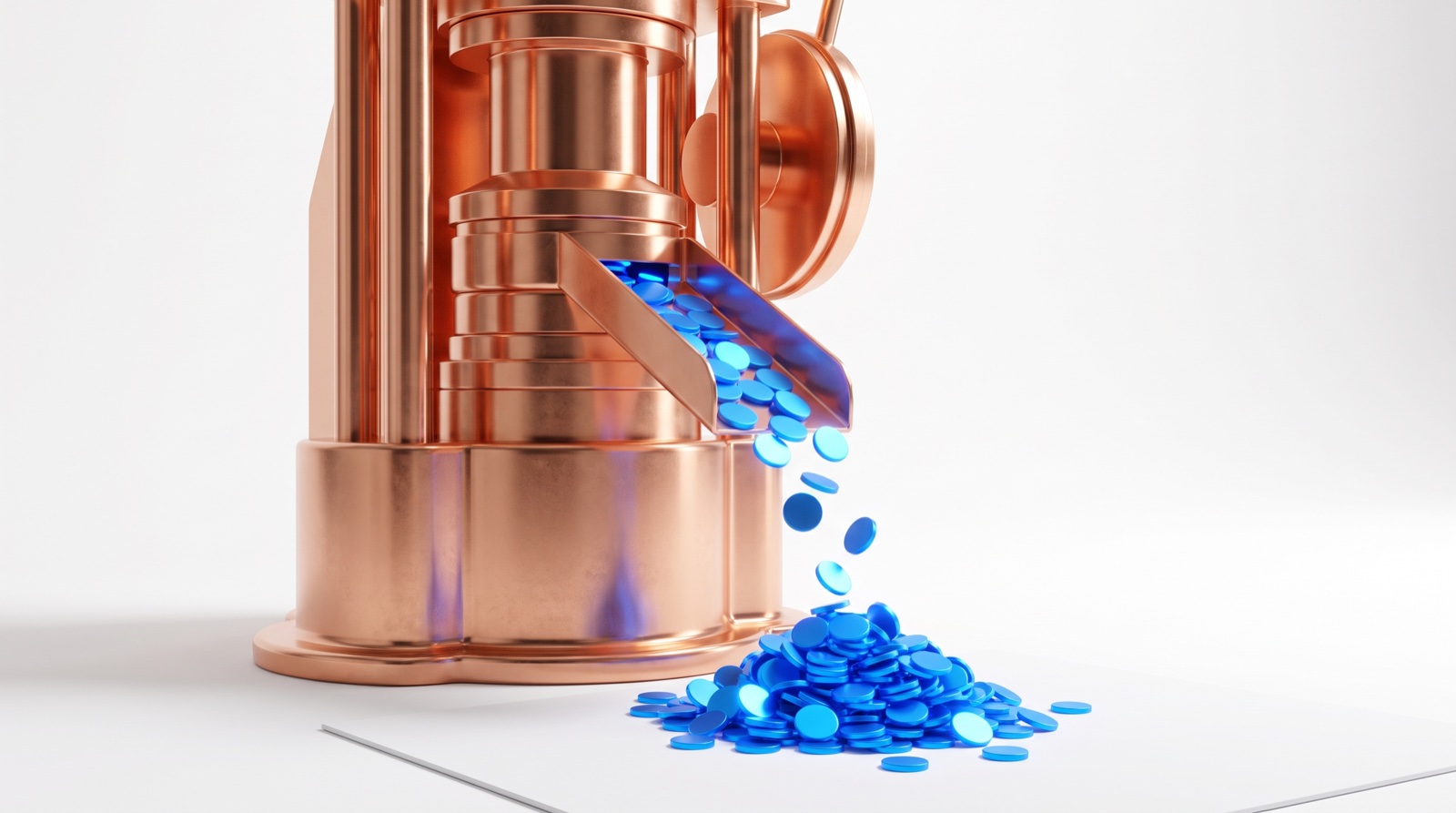 A copper press minting blue tokens, the token as the atomic unit of the new economy