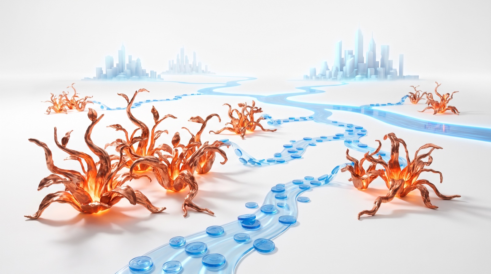 Token streams flowing from a few plants to many cities, the infrastructure gap