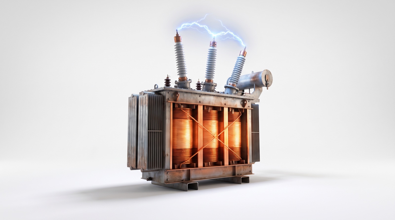 High-voltage transformer with glowing copper windings