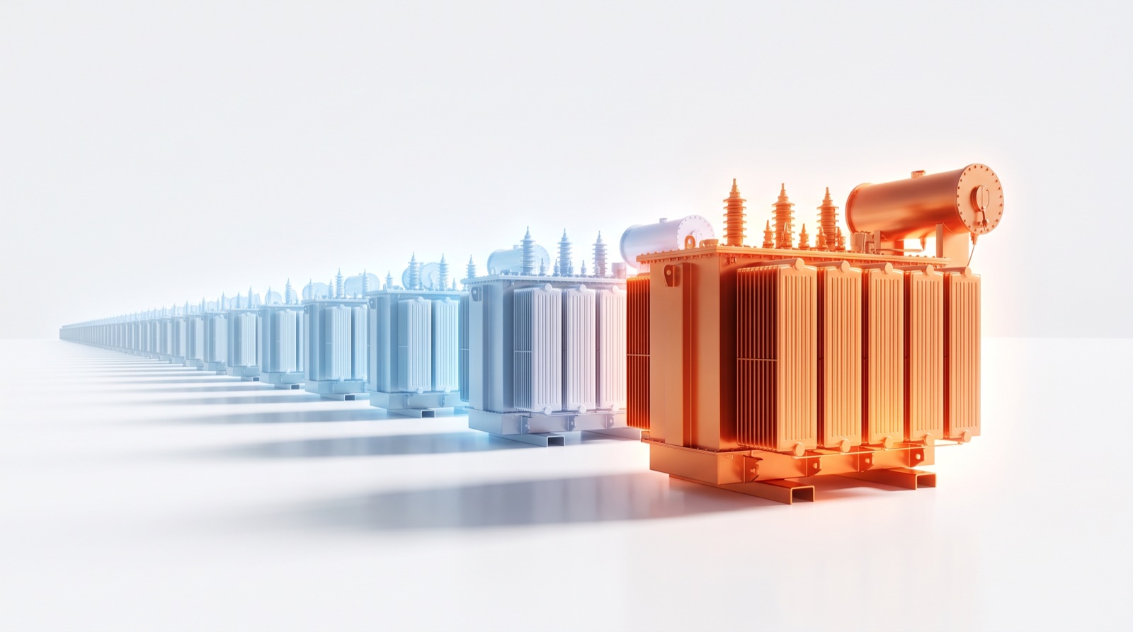 A queue of transformers receding to the horizon, visualizing multi-year lead times