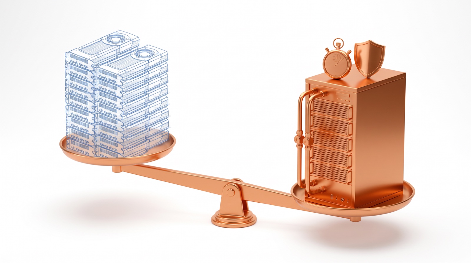 Copper AI server rack on a balance scale outweighing a tall stack of blueprint GPU cards