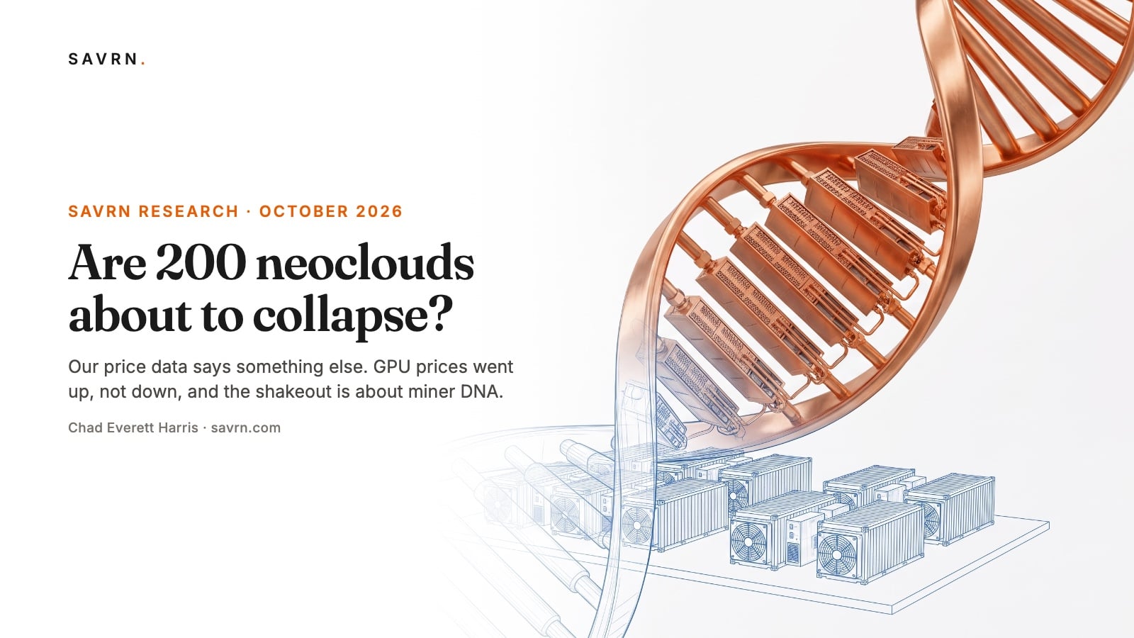 Copper DNA helix of AI server racks rising from blueprint shipping-container crypto miners
