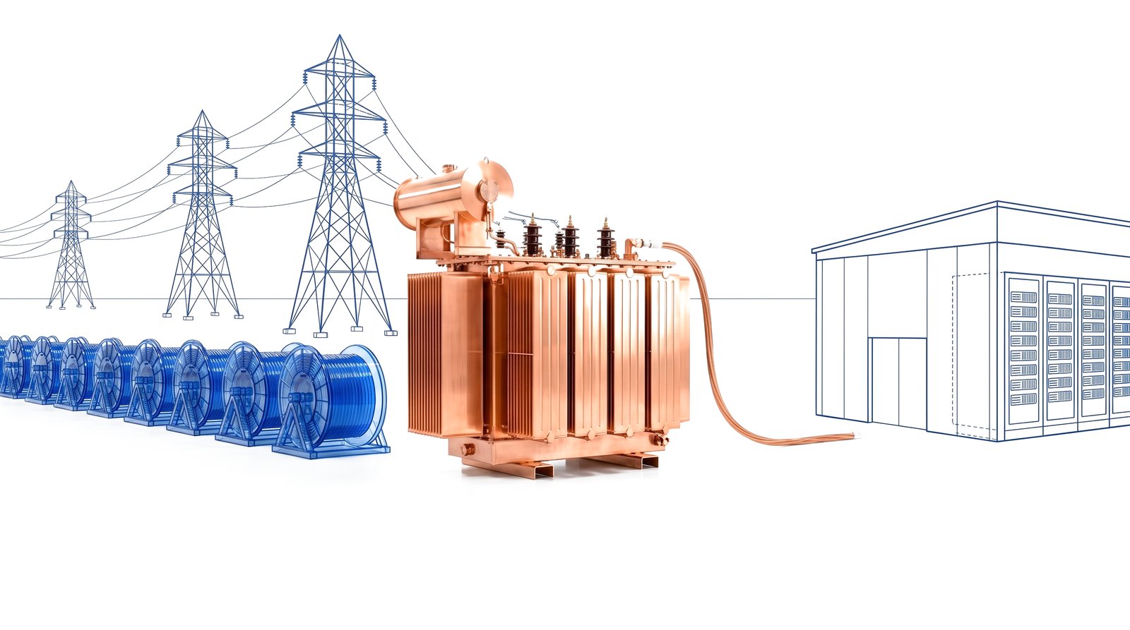 A polished copper utility transformer on a white studio floor with fine cobalt-blue transmission lines and towers