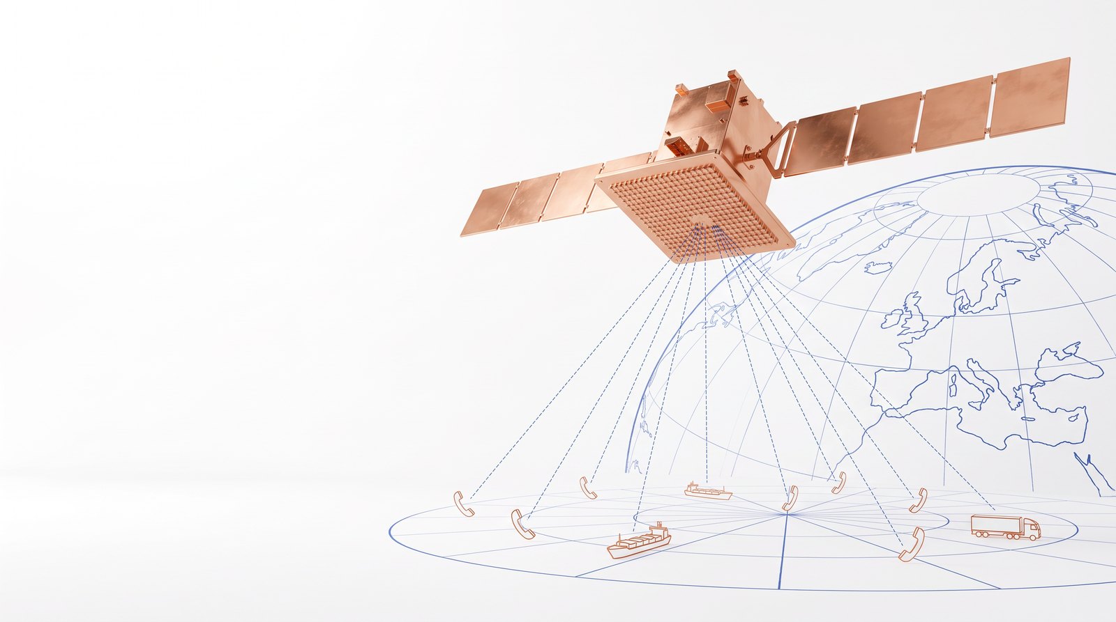 Copper direct-to-cell satellite with a square antenna beaming to phones, ships and a truck on a blueprint globe