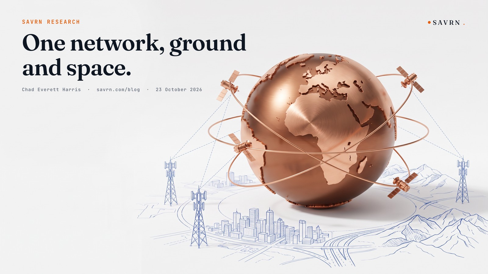 Copper globe circled by copper satellites on orbital rings above blueprint cell towers, a city and mountains