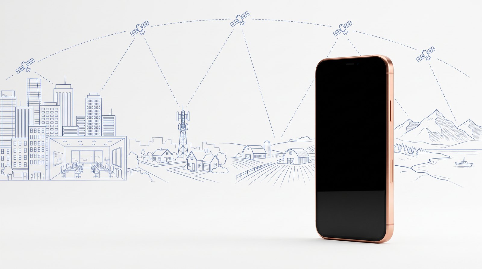 Copper smartphone before a blueprint panorama of a city, suburb tower, farms, mountains and coast linked to satellites