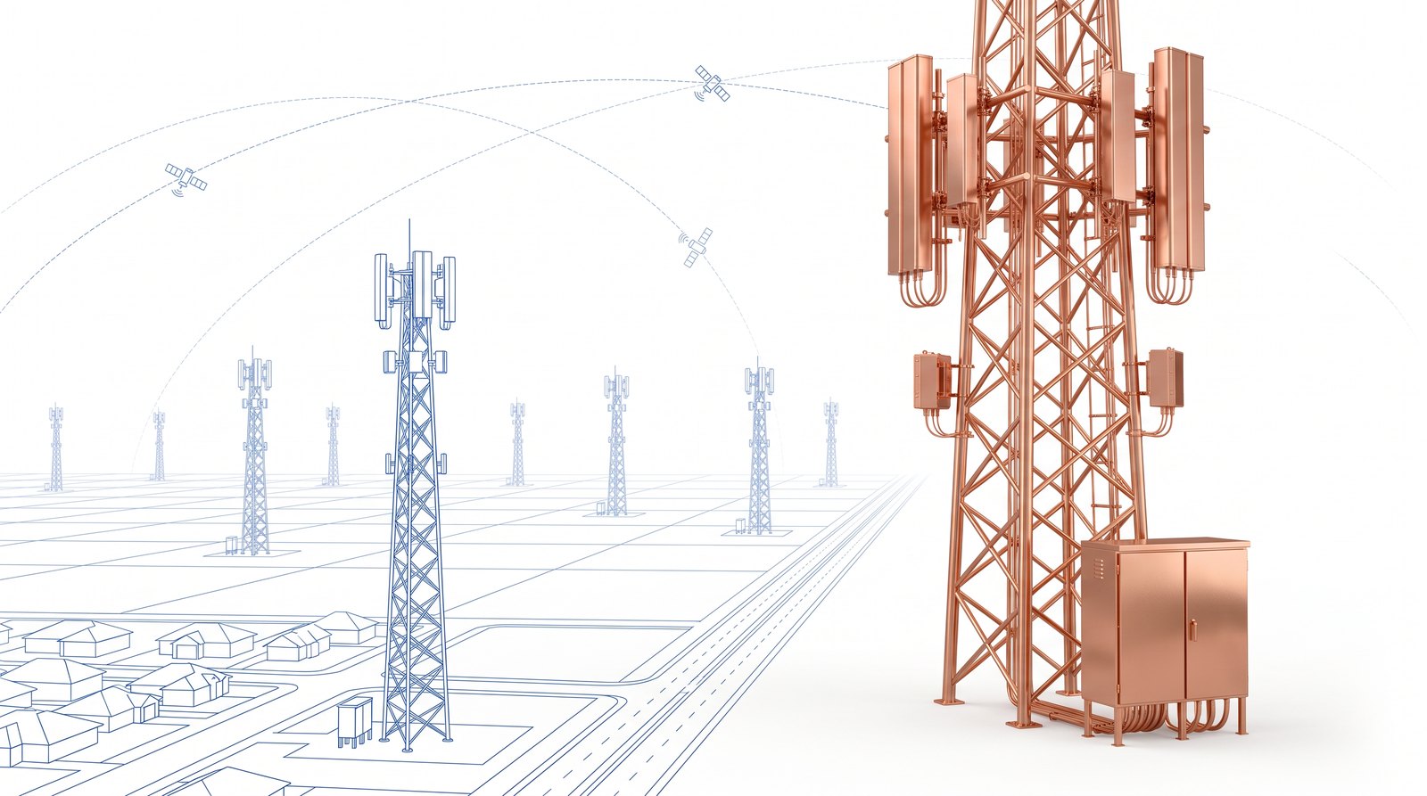 Copper lattice cell tower with antenna panels and a cabinet before a blueprint field of towers, homes and a highway