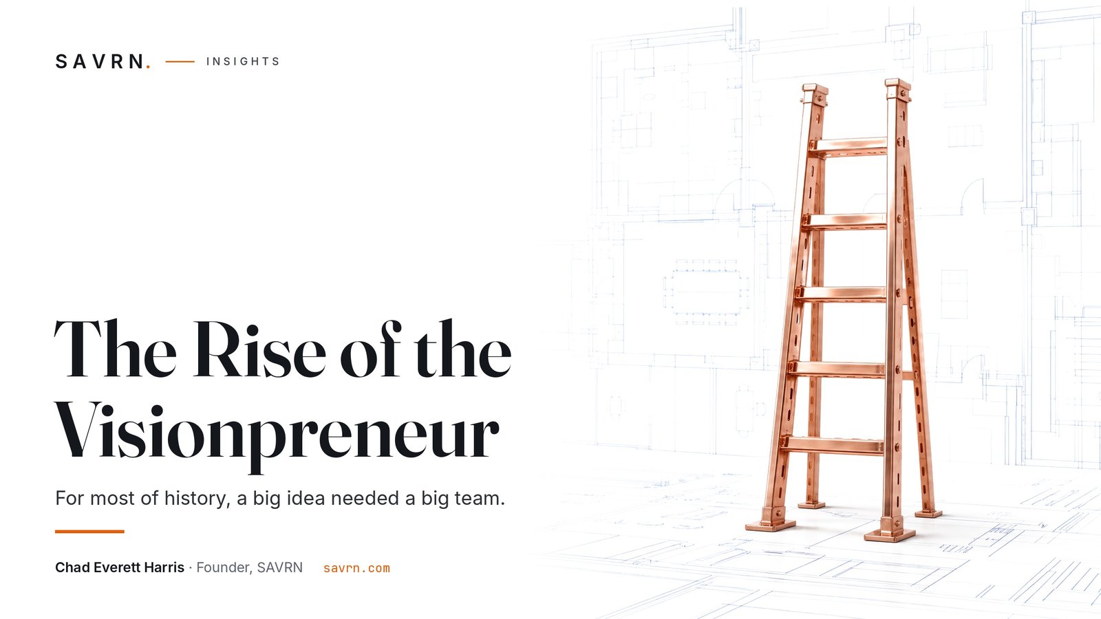 Polished copper ladder standing alone on white floor, with a detailed blueprint of an office layout behind it in blue lines.