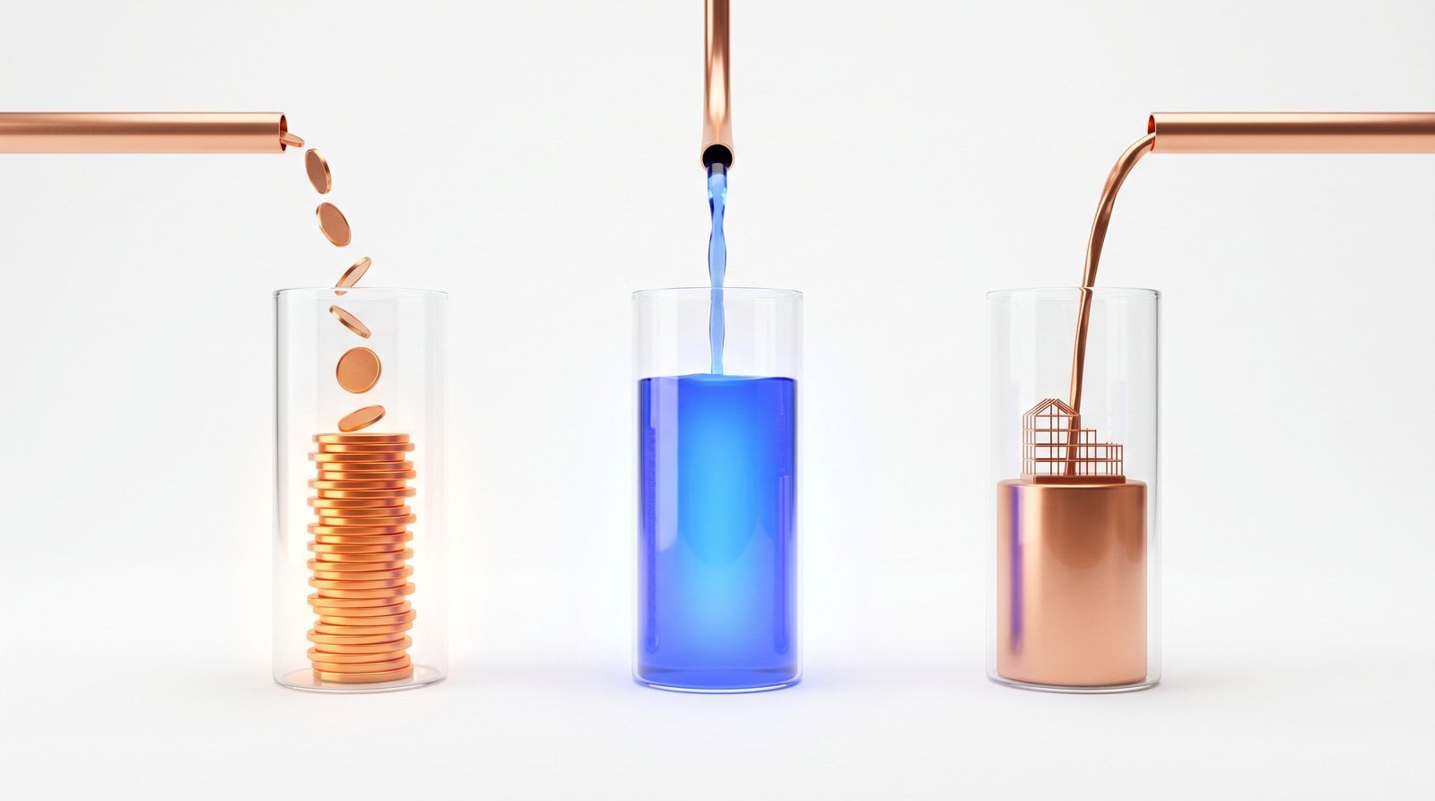 Three separate glass vessels holding copper coins, blue liquid, and a copper block, each with its own pipe