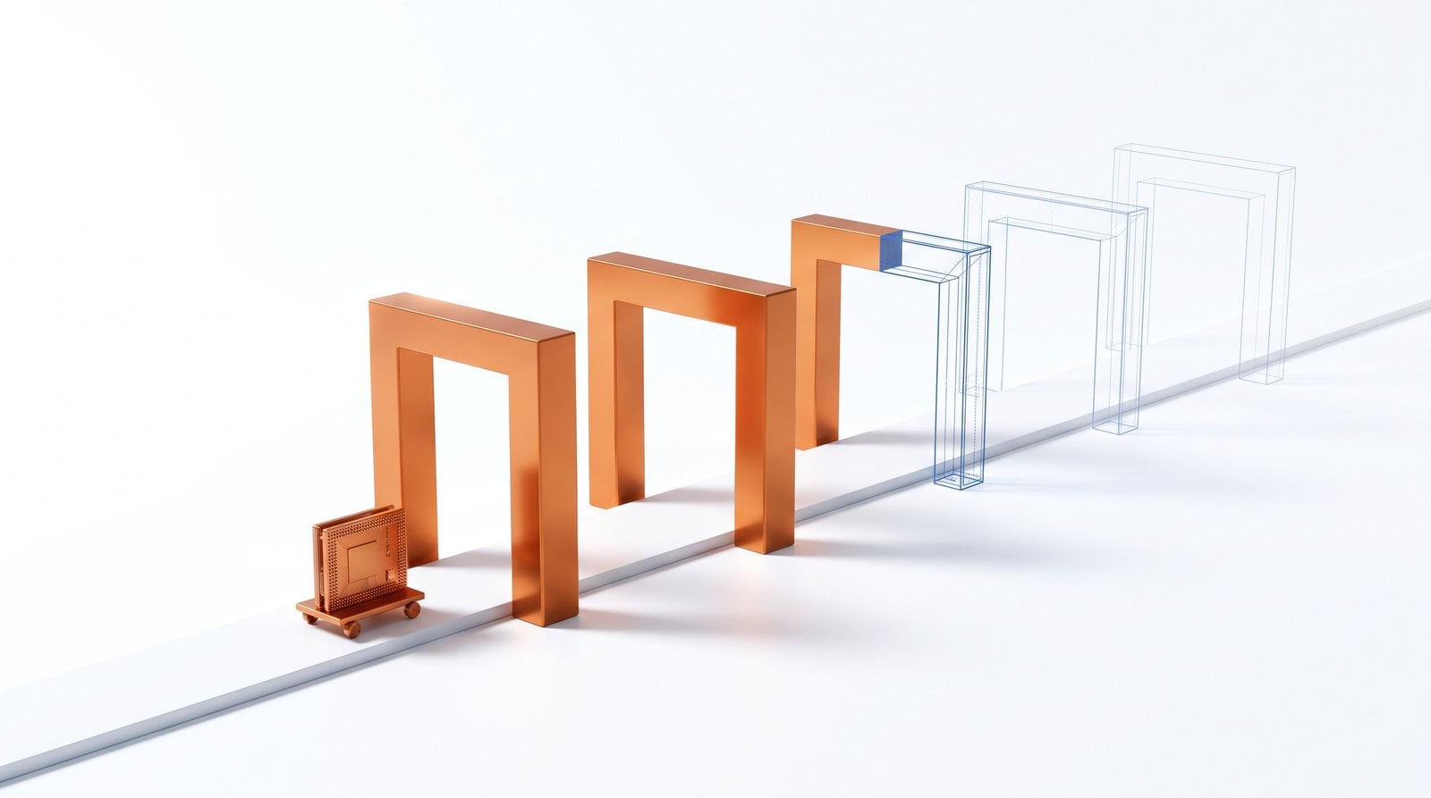 A white path through five gateways, the first two in copper, the last two only as blueprint lines