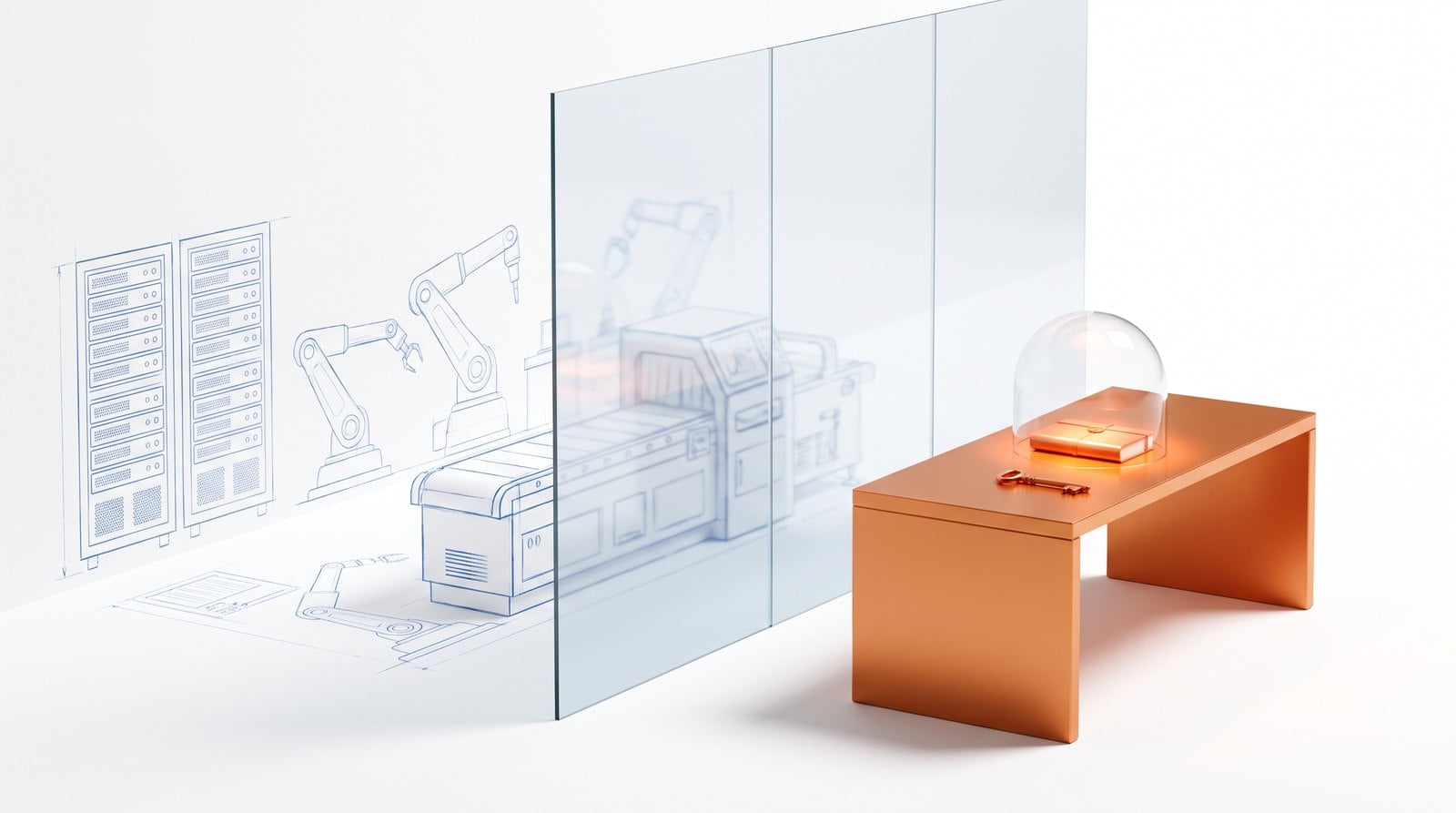 Supplier racks drawn in blueprint behind glass, a sealed copper notebook and key on the other side