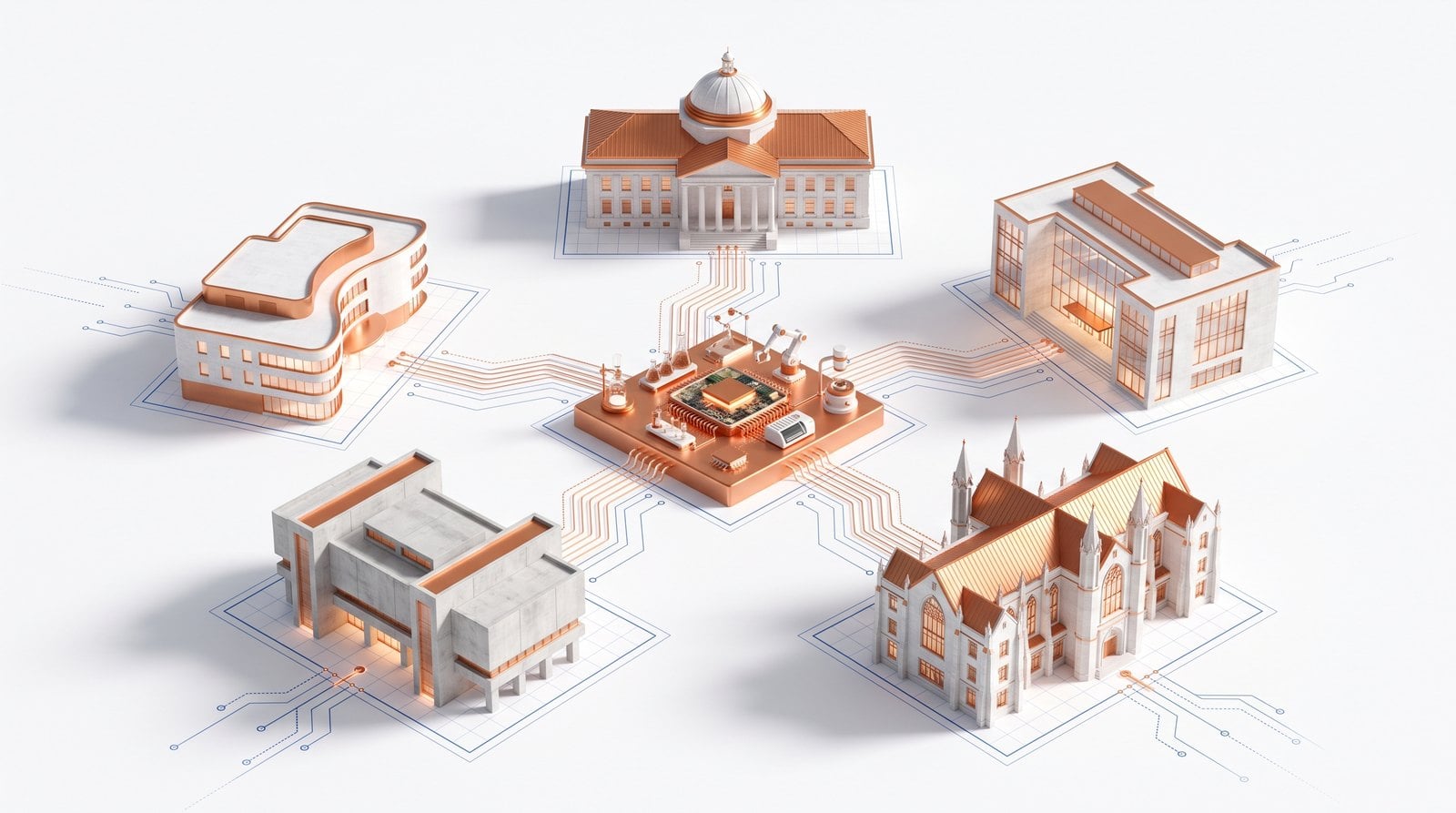 Five copper-roofed campus buildings linked by copper lines to one shared testbed platform