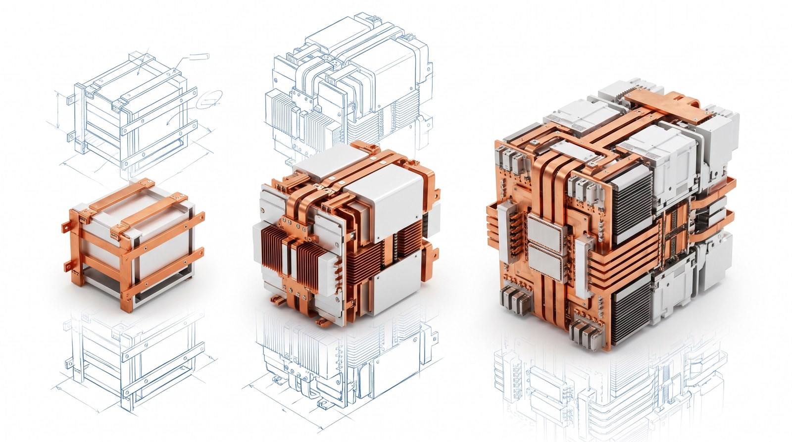 Three solid copper compute blocks in successive generations, each larger than the last