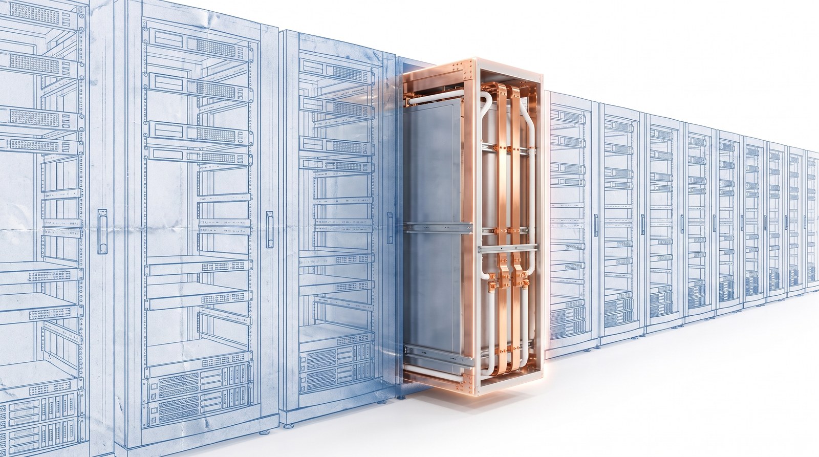 A single new solid copper rack slides into an empty slot in a long row of faded blueprint server racks.