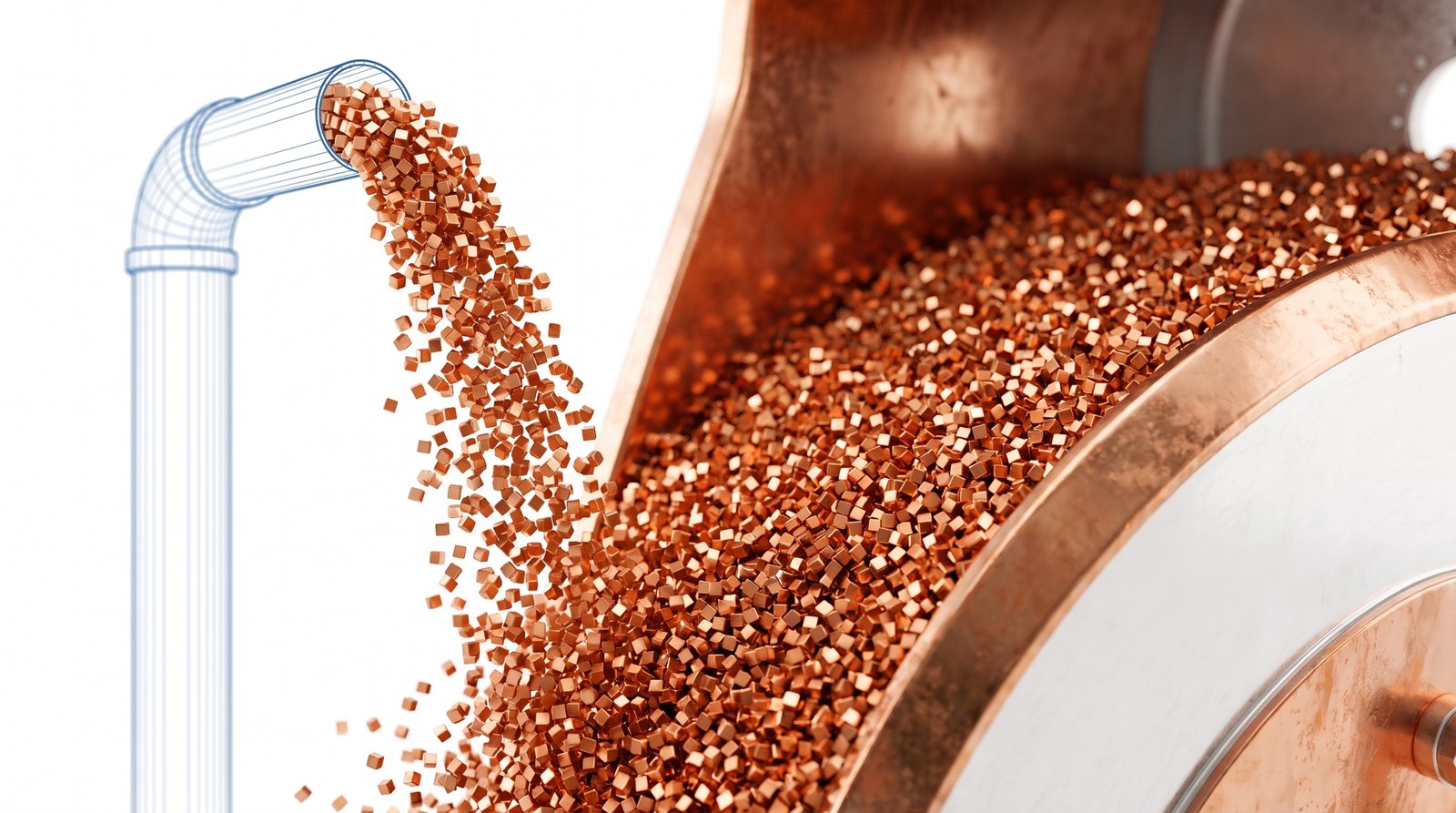 A thin faded blueprint pipe pours thousands of solid copper cubes into a large copper reservoir that is filling up.