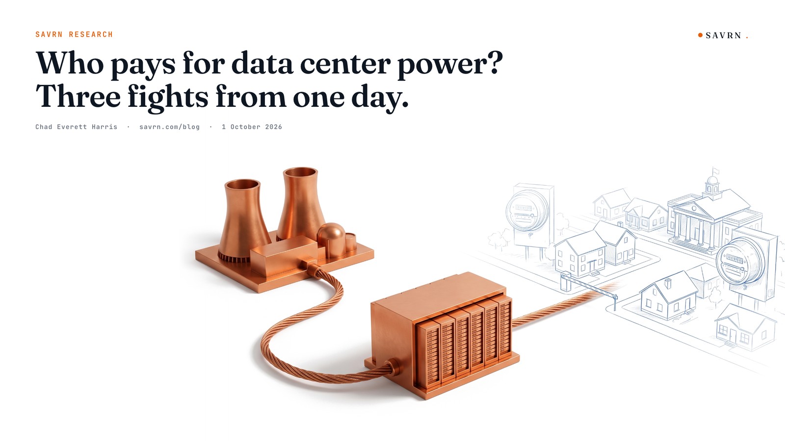 Copper nuclear plant wired to a copper data center beside blueprint sketches of a town, under the title