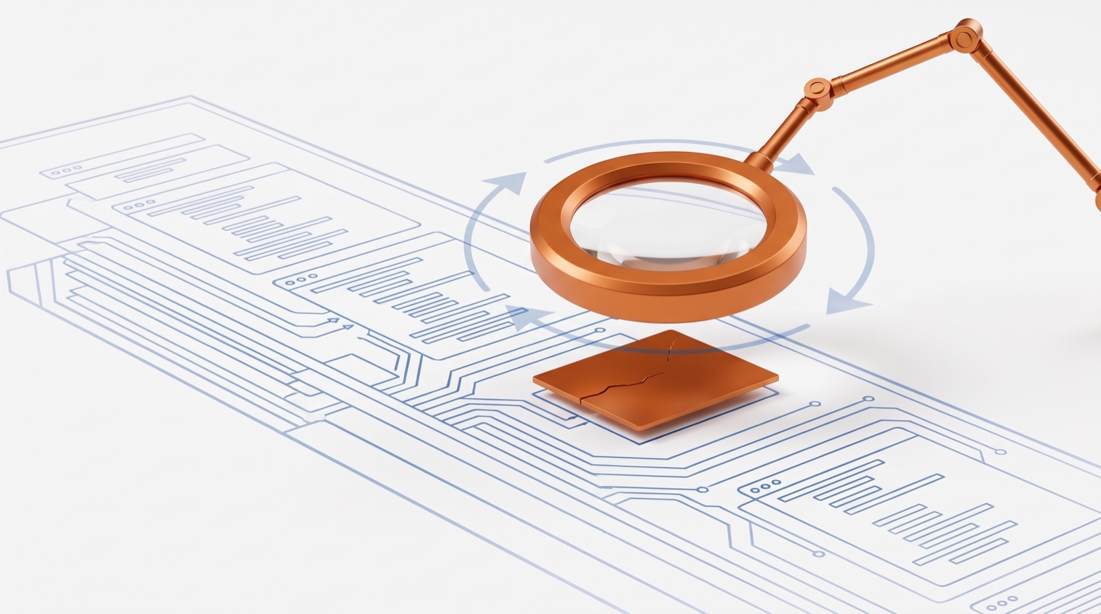 Copper magnifying lens on a robotic arm inspecting a cracked panel within blueprint code lines