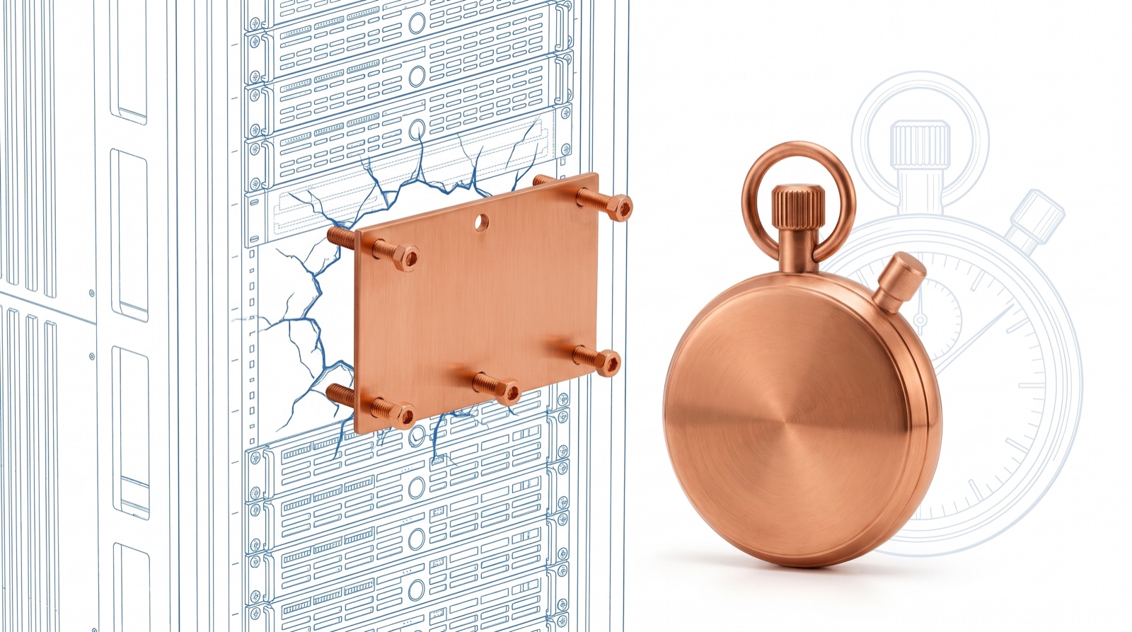 Copper patch plate bolted over a cracked blueprint server rack beside a copper stopwatch