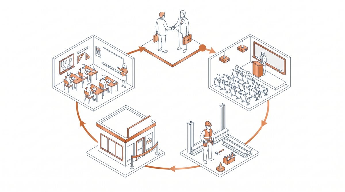 Five connected scenes in a loop from company handshake to returning learners