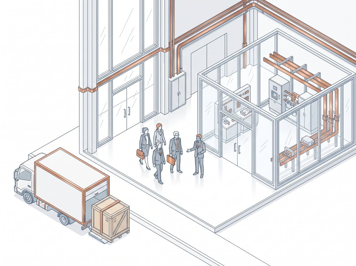 Company delegation arriving at an institute with a glass equipment demonstration hall