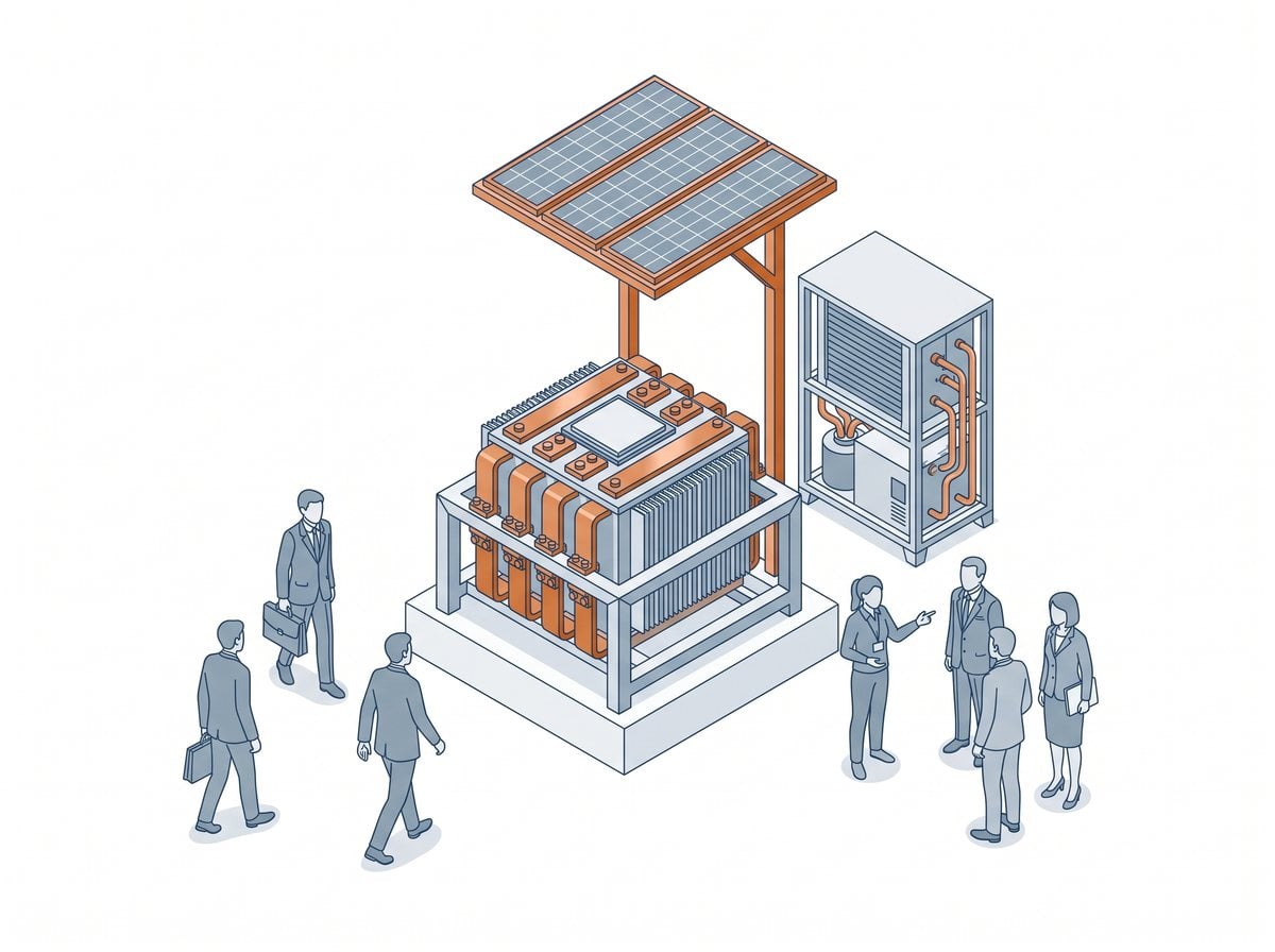 Investors and officials around a compact AI compute block with solar canopy and closed-loop cooling