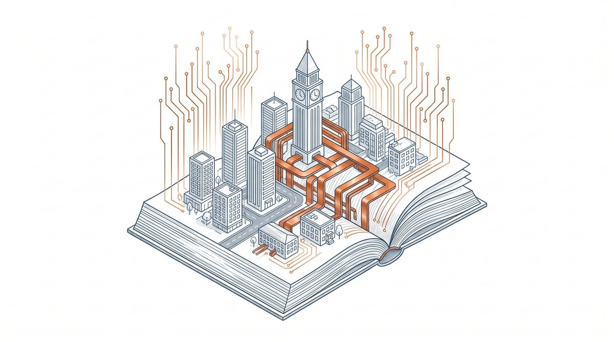 Open book whose pages unfold into a town skyline and campus clock tower