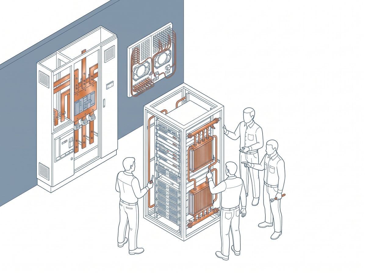 Instructor and adult trainees at an open liquid-cooled server rack