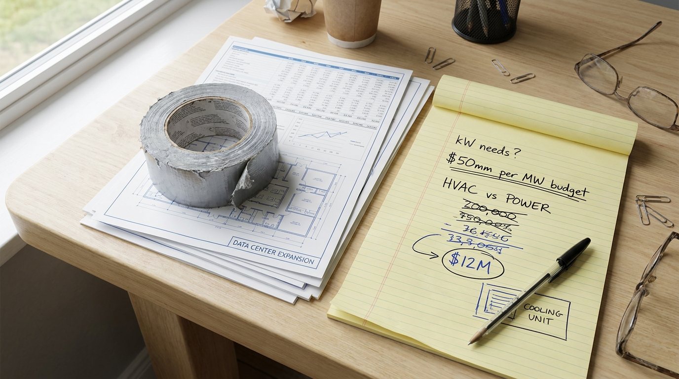 A worn roll of duct tape resting on data-center floor plans and a printed financial forecast
