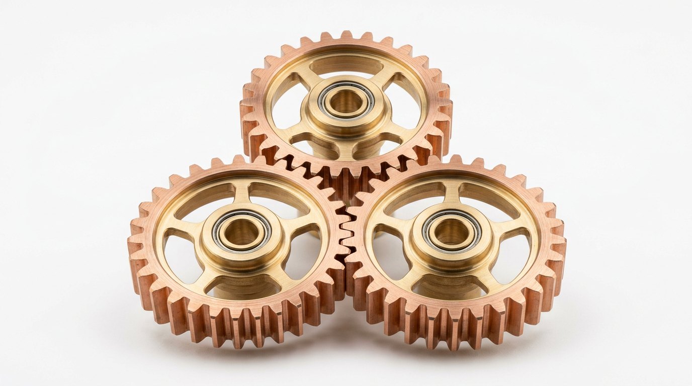 Three precision brass-and-copper gears meshed together so all three turn as one