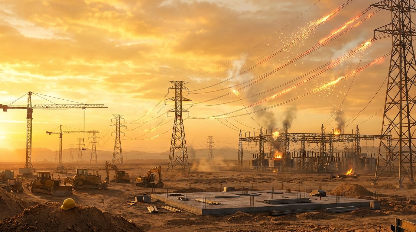 A vast electrical grid under strain at golden hour: transmission towers and a substation sparking, beside a stalled