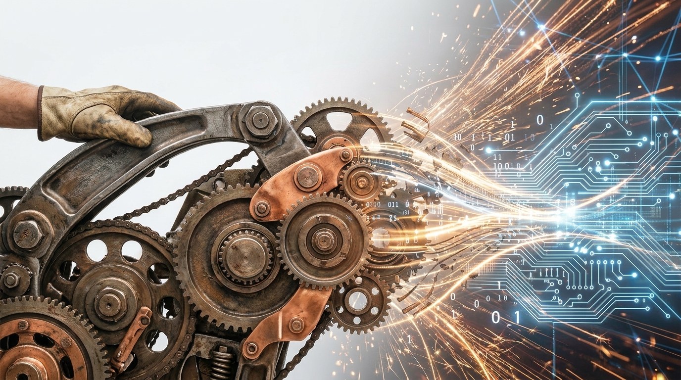 The industrial age meeting the AI age, heavy forged gears and copper machinery dissolving into streams of light