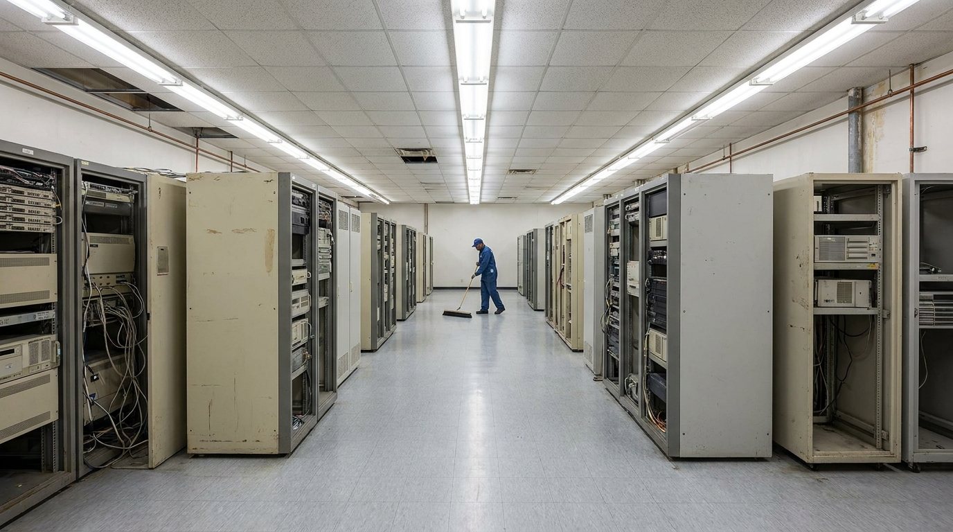 An older, low-density enterprise data-center hall with rows of aging beige server racks and a lone janitor sweeping the aisle