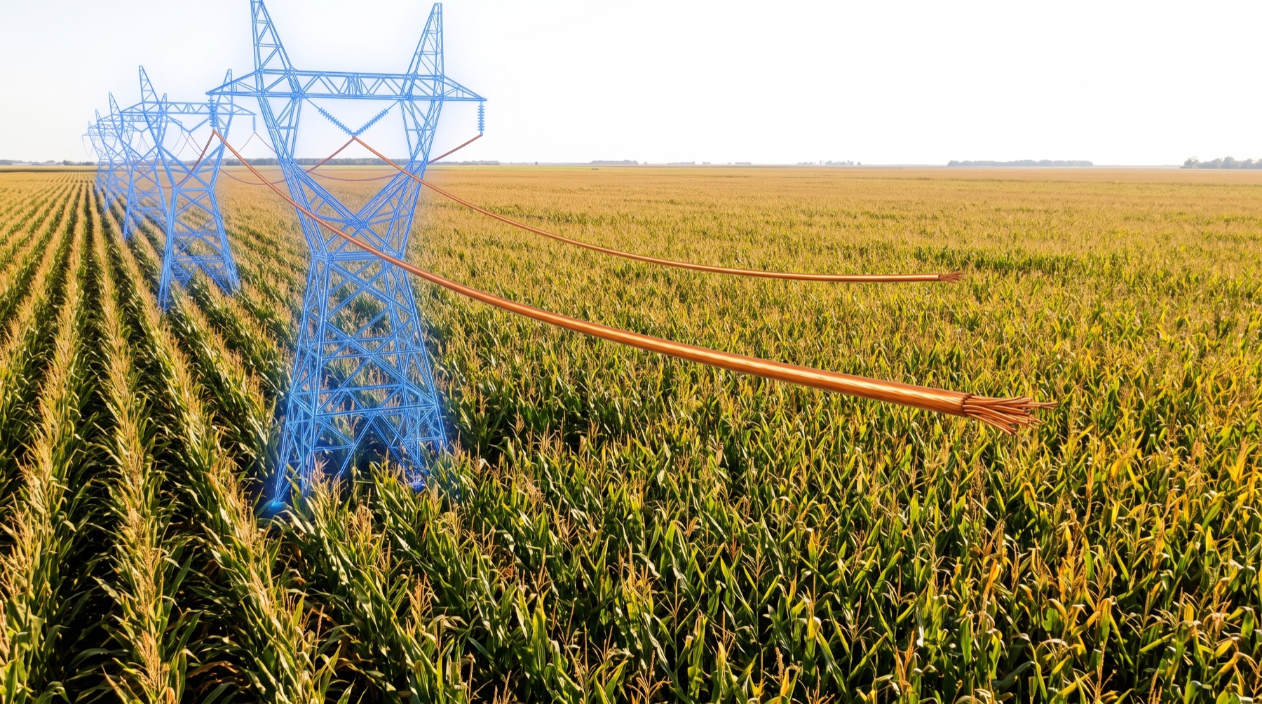 Field of Dreams. The towers are a drawing. The wire is real, and it ends over the corn, connected to nothing