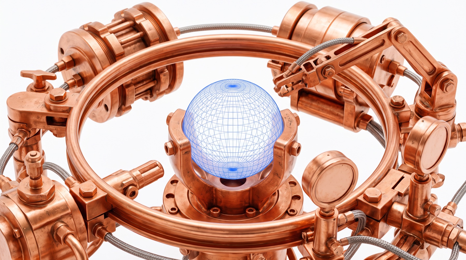 The engine and the fuel. The harness is copper: the loop, the tool arms, the memory drum, the gauges