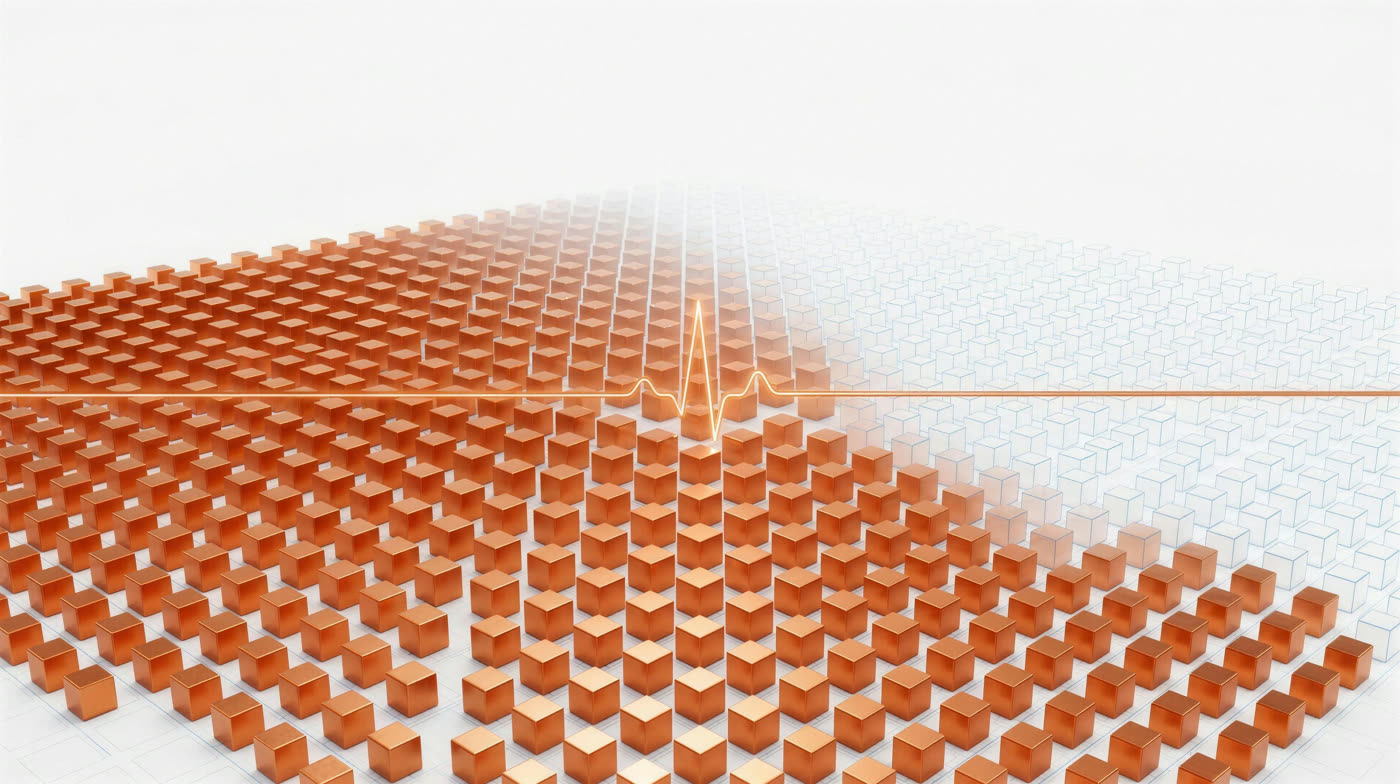 A field of copper data center capacity with a glowing copper heartbeat line running through it