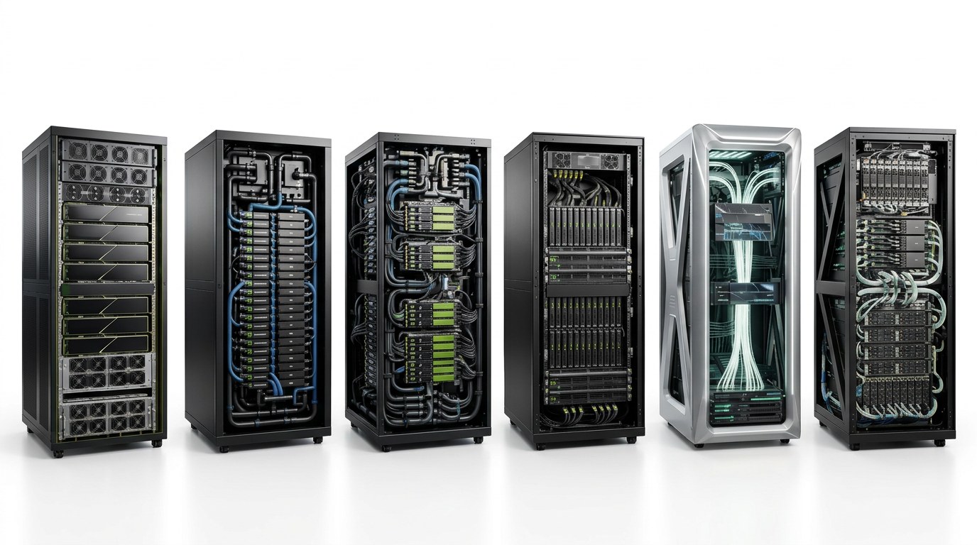 Six NVIDIA compute-rack generations in a row on white, from air-cooled Hopper to liquid-cooled Blackwell