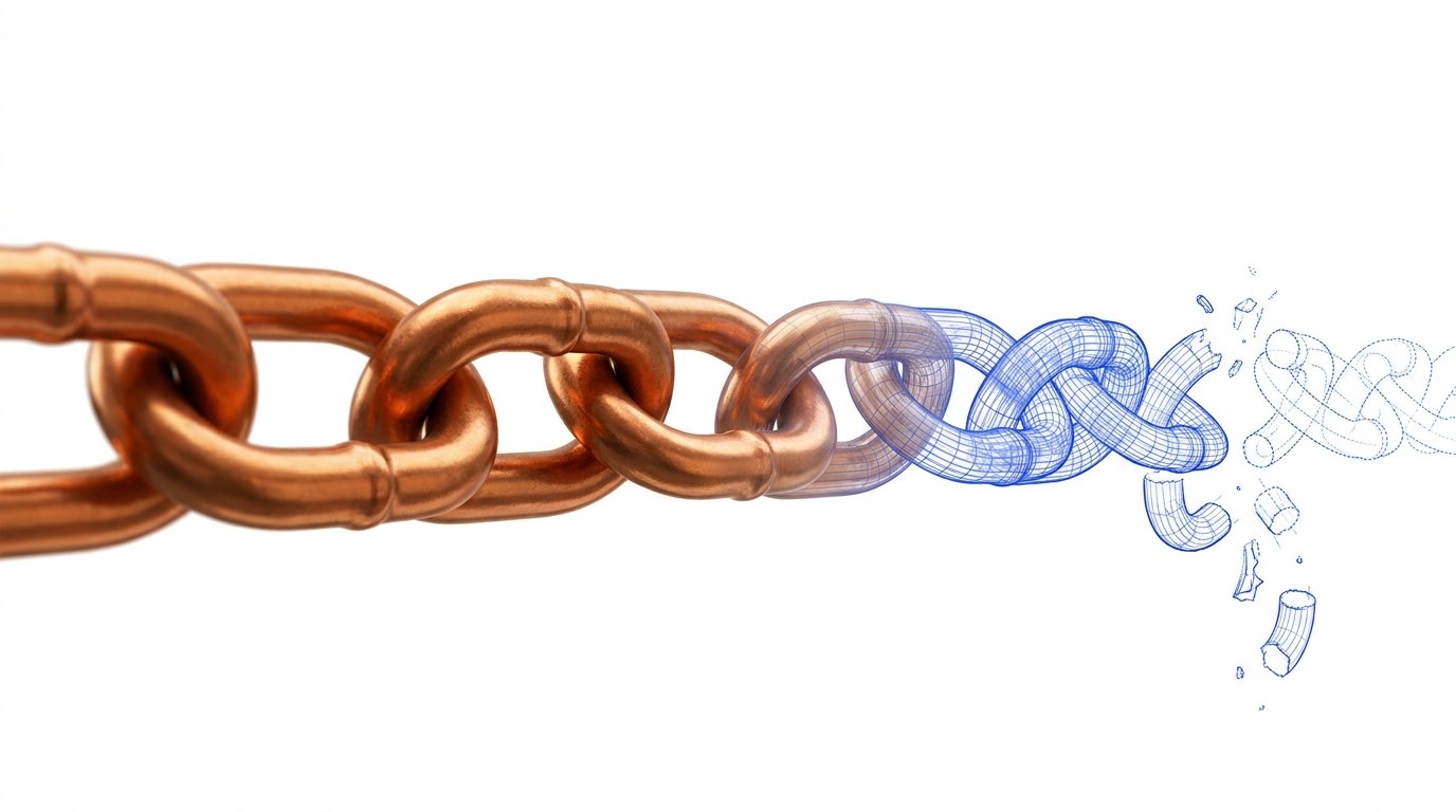 Concept illustration of a solid copper chain fading into blue wireframe links that break apart.
