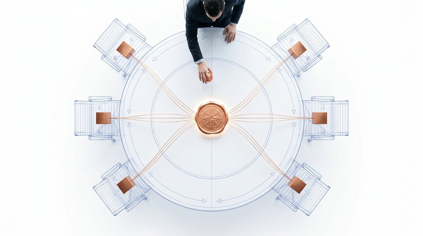 Overhead concept illustration of six wireframe chairs linked by copper lines to a central seal