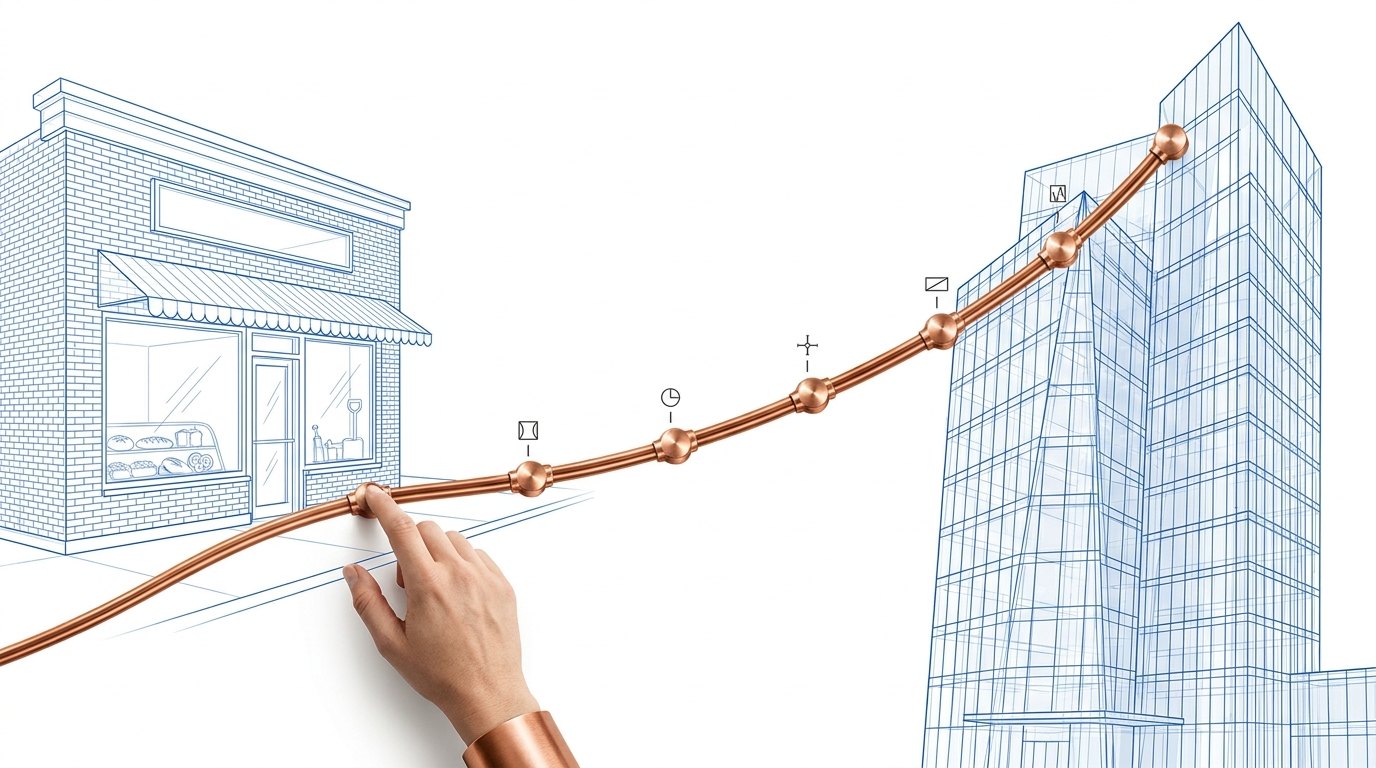 Concept illustration of a hand touching a copper path that rises from a small storefront toward a corporate tower.