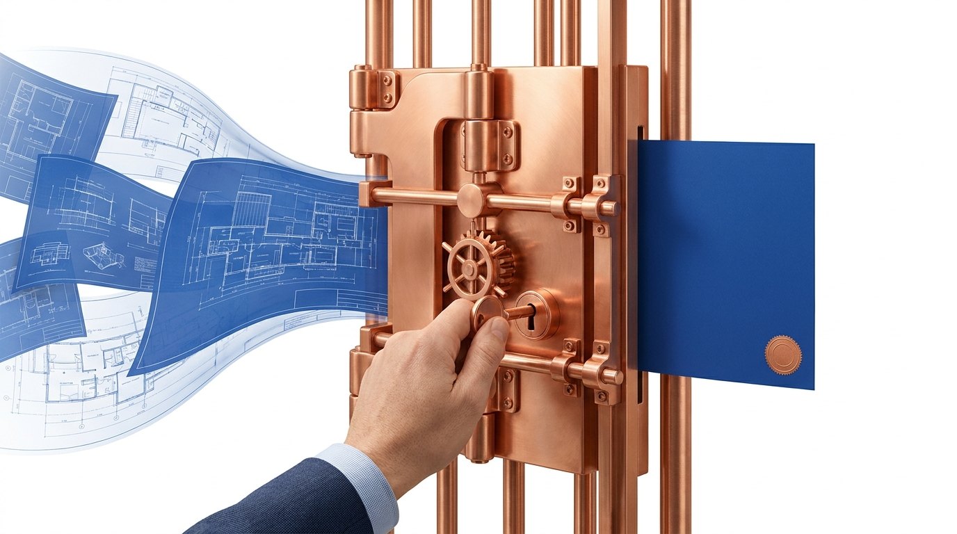 Concept illustration of a hand turning a key in a copper gate as blueprints enter and a sealed blue document emerges.