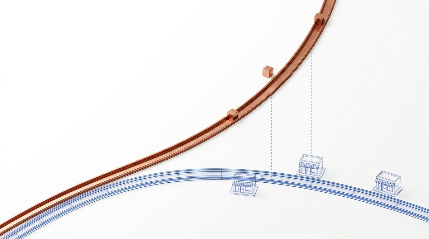 Concept illustration of a copper rail rising above a blue wireframe rail lined with small storefronts