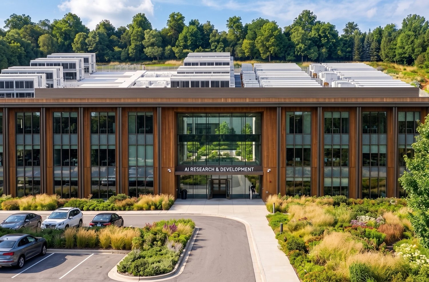 Aerial render of a small SAVRN sovereign AI campus at golden hour, a glass-fronted learning institute in front