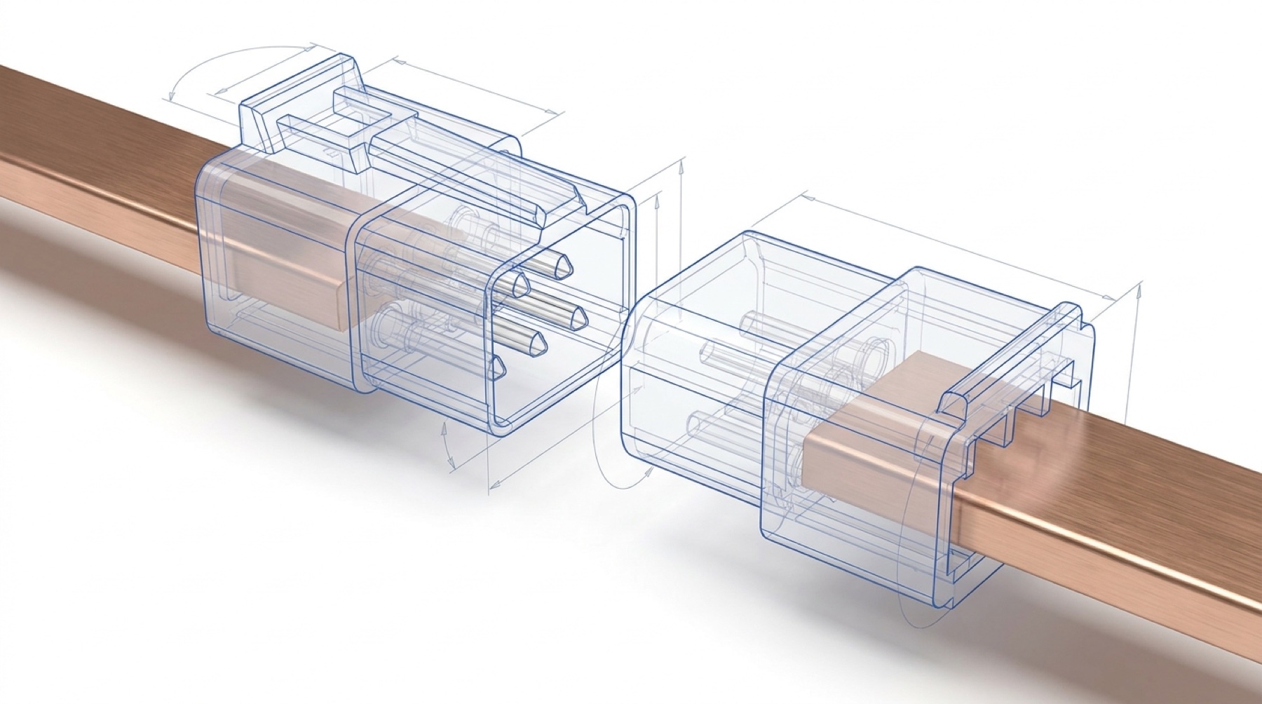 Wireframe line drawing of two blind-mate connector halves with staggered pins