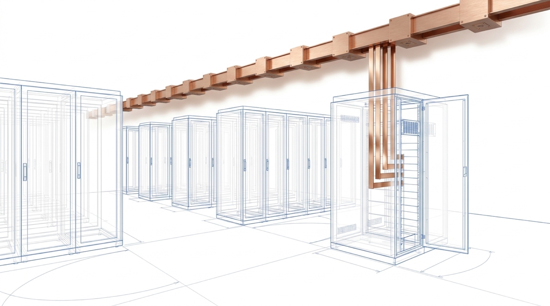 Wireframe line drawing of a data hall power row where only the overhead copper busway spine
