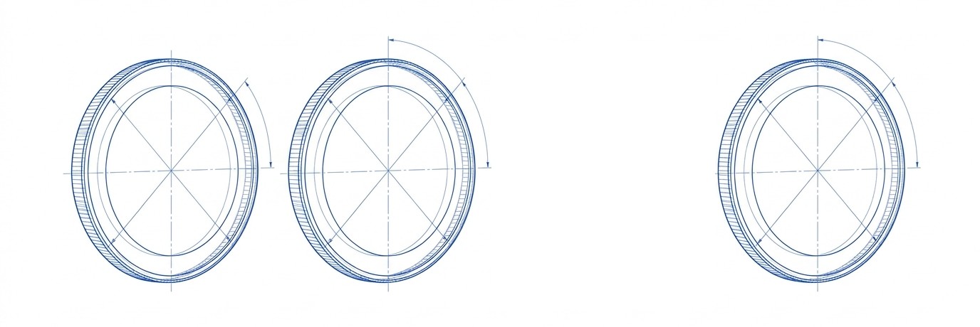 Four identical machined discs in a row; three are drawn only as blue wireframe blueprint linework with dimension arcs