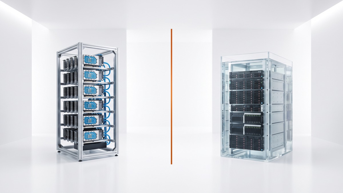 Side-by-side comparison of a direct-to-chip GPU rack and an immersion-cooled server tank