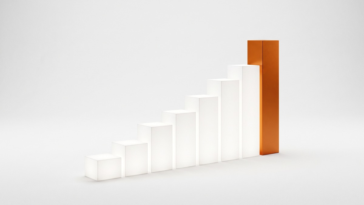 Abstract visualization of increasing scale, a stack of glowing white blocks of rising height
