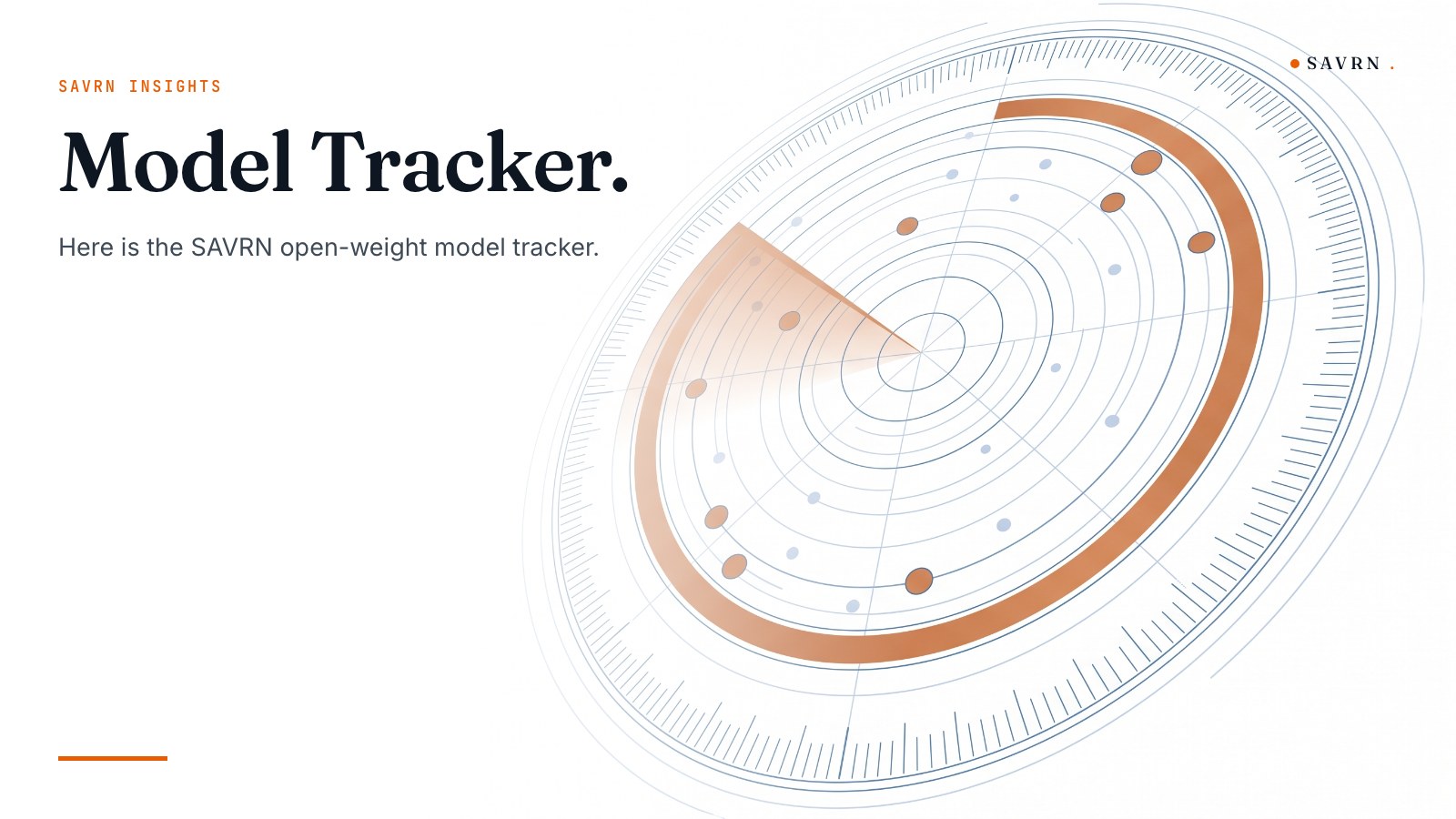 SAVRN Model Tracker cover art: a field of faded blueprint model cards with one copper chip at the center